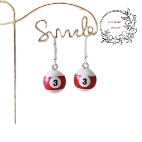 Boucle d'oreille boule de billard n°3 rouge/blanc