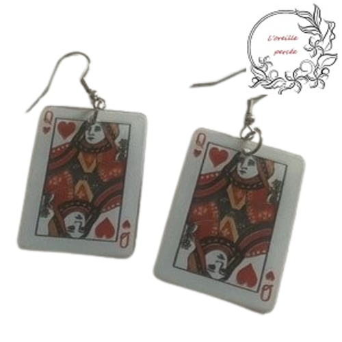 Boucle d'oreille rectangle carte à jouer dame
