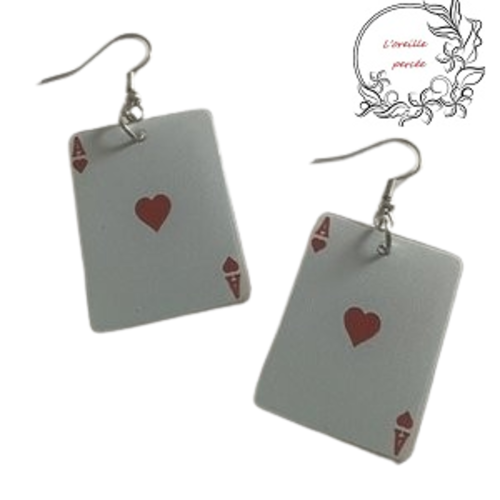 Boucle d'oreille rectangle carte à jouer l'as de coeur