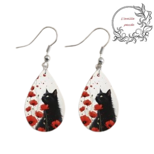 Boucle d'oreille goutte chat noir et coquelicots rouges