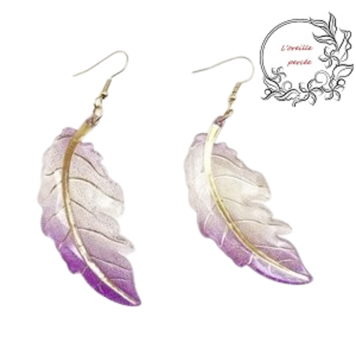 Boucle d'oreille grande feuille dégradée de mauve