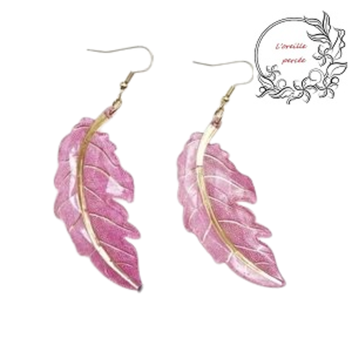 Boucle d'oreille grande feuille rose