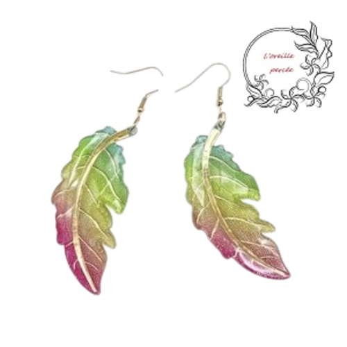 Boucle d'oreille grande feuille dégradée de vert/rose