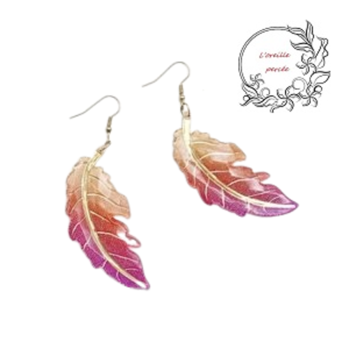 Boucle d'oreille grande feuille dégradée de rose