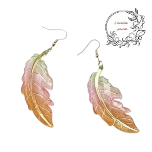 Boucle d'oreille grande feuille dégradée de vert/rose et orange