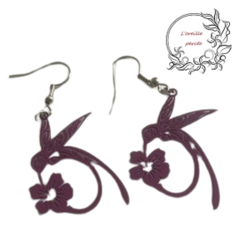 Boucle d'oreille colibri violine