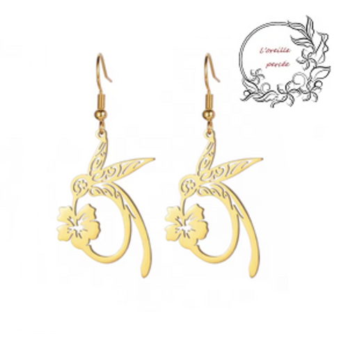 Boucle d'oreille colibri doré