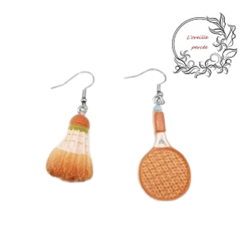 Boucle d'oreille duo raquette et volant orange