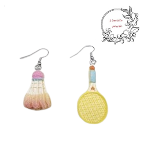 Boucle d'oreille duo raquette et volant jaune