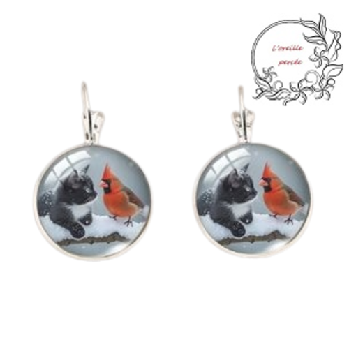 Boucle d'oreille cabochon duo chat et oiseau
