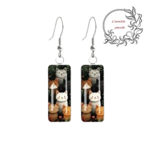 Boucle d'oreille rectangle nuée de chat