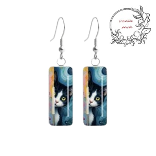 Boucle d'oreille rectangle chat noir et blanc