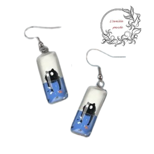 Boucle d'oreille rectangle chat noir et poisson