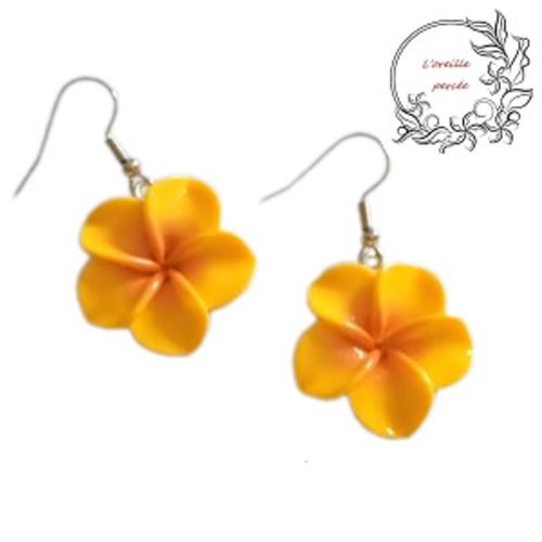 Boucle d'oreille fleur de tiaré jaune orangé