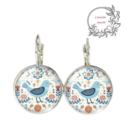 Boucle d'oreille cabochon oiseau bleu