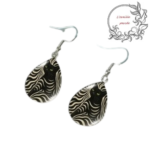 Boucle d'oreille goutte chat noir zébré
