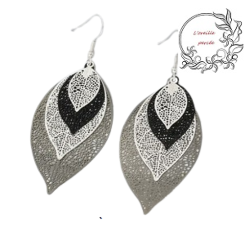 Boucle d'oreille estampe trio de feuille anthracite/argent et noir