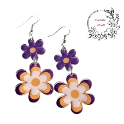 Boucle d'oreille duo de fleur mauve/orange