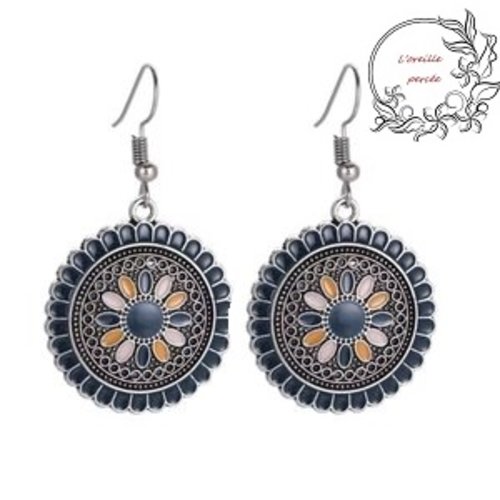 Boucle d'oreille ethnique ton bleu marine