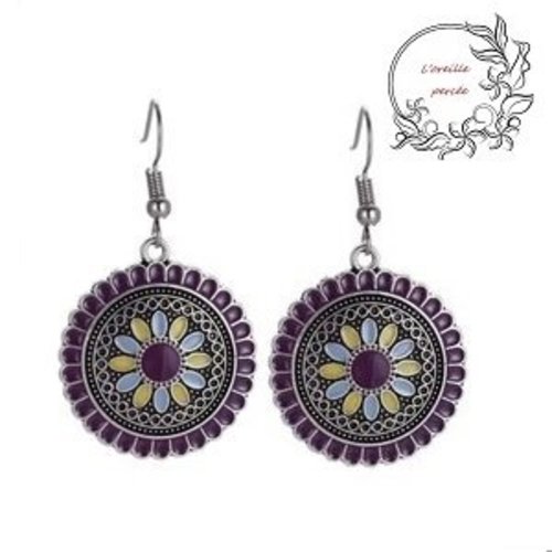 Boucle d'oreille ethnique ton mauve