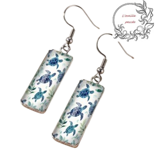 Boucle d'oreille rectangle tortue bleue