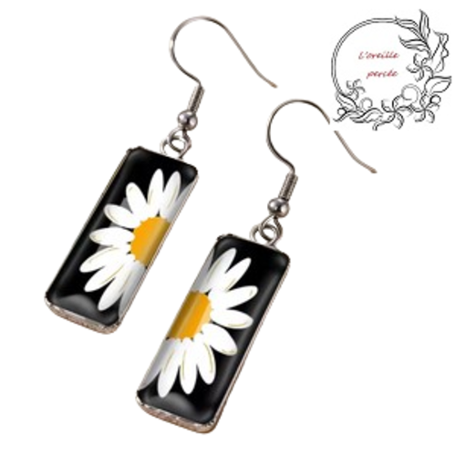 Boucle d'oreille rectangle marguerite