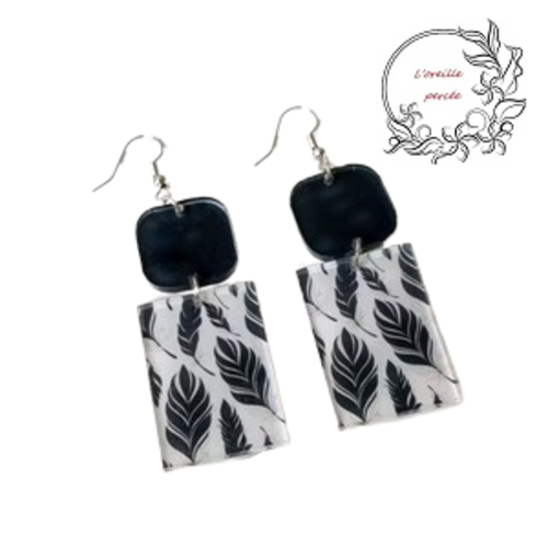 Boucle d'oreille rectangle motif plume noire