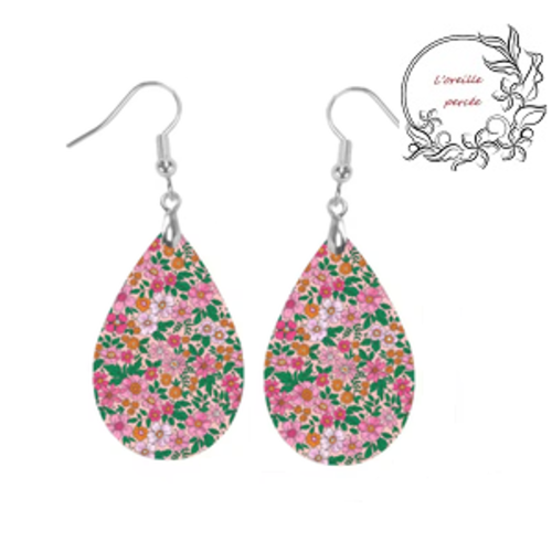 Boucle d'oreille goutte fleur rose