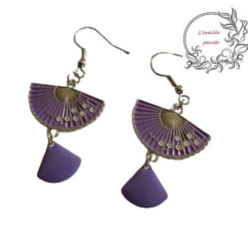 Boucle d'oreille éventail parme émail