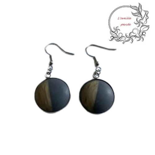 Boucle d'oreille cabochon bois et résine gris 20mm