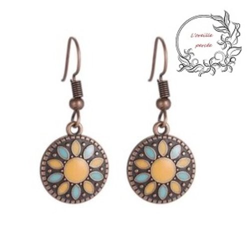 Boucle d'oreille médaillon orange/turquoise