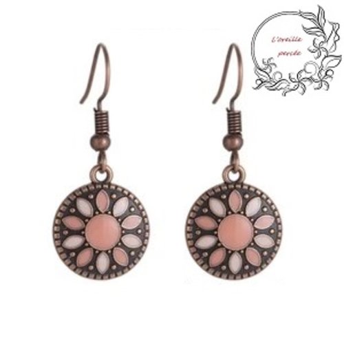 Boucle d'oreille médaillon rose/rose pâle