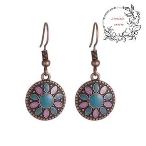 Boucle d'oreille médaillon bleu/parme