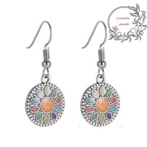Boucle d'oreille médaillon multicouleur