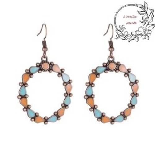 Boucle d'oreille cercle orange/turquoise 40mm