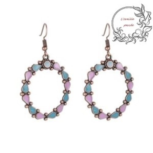 Boucle d'oreille cercle parme/bleu canard 40mm