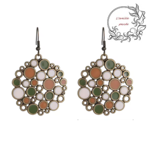 Boucle d'oreille style bohème kaki/marron et blanc