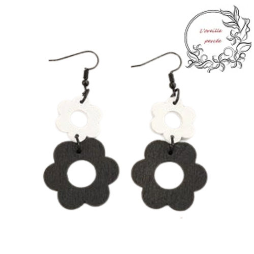 Boucle d'oreille duo de fleur blanche et noire en bois