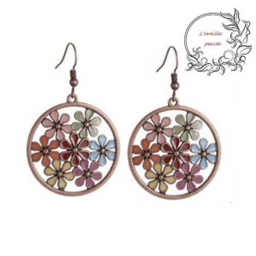 Boucle d'oreille ethnique cercle et ses fleurs colorées