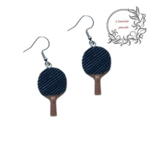 Boucle d'oreille raquette de ping pong noire