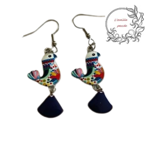 Boucle d'oreille  oiseau émail