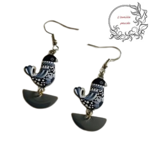Boucle d'oreille  oiseau émail