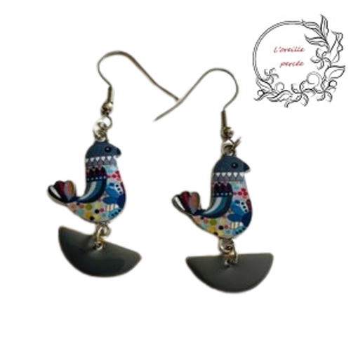 Boucle d'oreille  oiseau émail