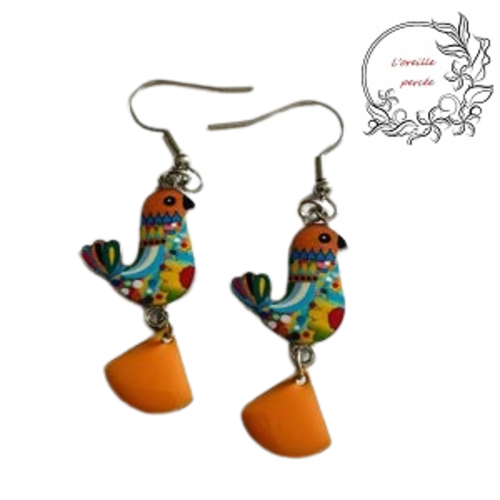 Boucle d'oreille  oiseau émail