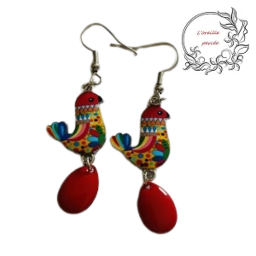 Boucle d'oreille  oiseau émail
