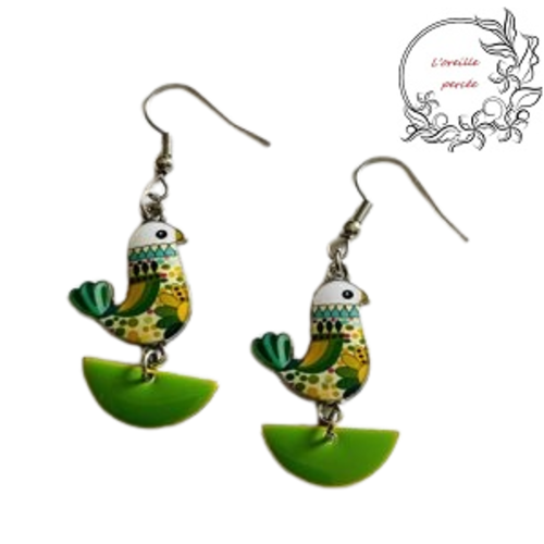 Boucle d'oreille  oiseau émail