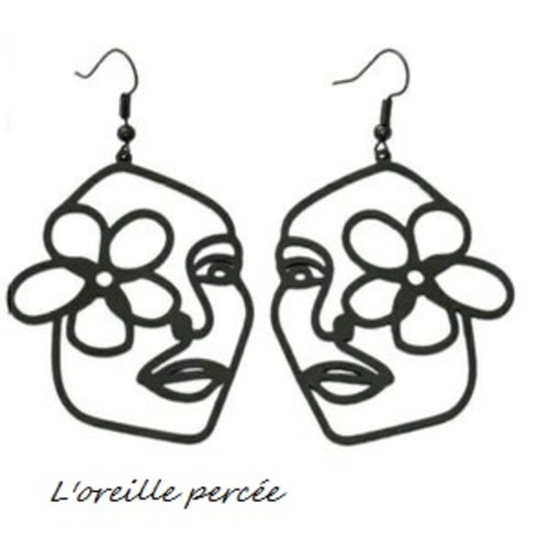 Boucle d'oreille visage abstrait inspiration vintage noir