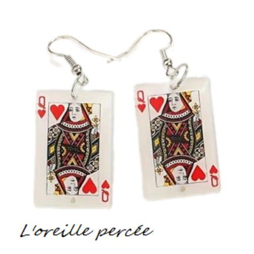 Boucle d'oreille carte à jouer dame de coeur