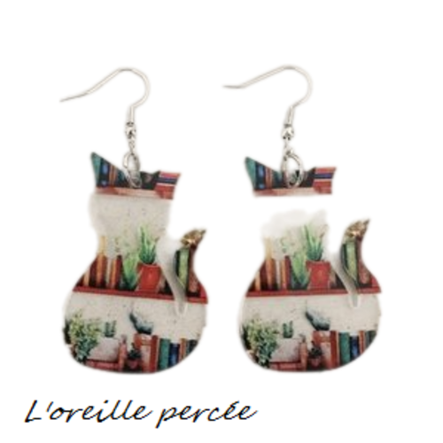 Boucle d'oreille chat bibliothèque