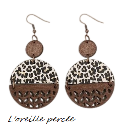 Boucle d'oreille en bois cercle léopard
